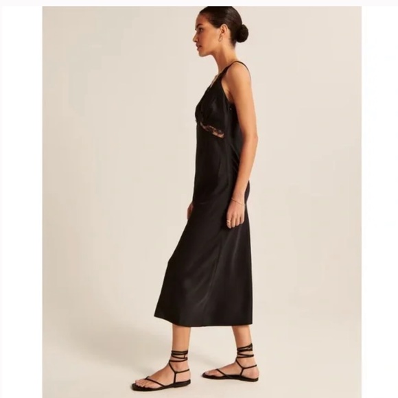 SOLD Abercrombie and Fitch black silk Satin Slip lace trim maxi Dress size large - Picture 6 of 10